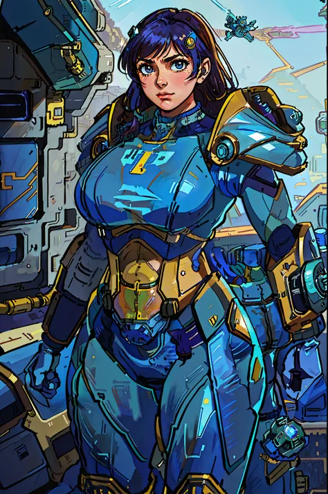 arafed woman in a blue suit standing in a space station, girl in mecha cyber armor, artgerm julie bell beeple, inspired by masam...