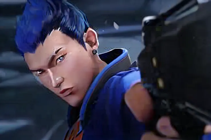 a blue-haired man holds a gun in a video game,