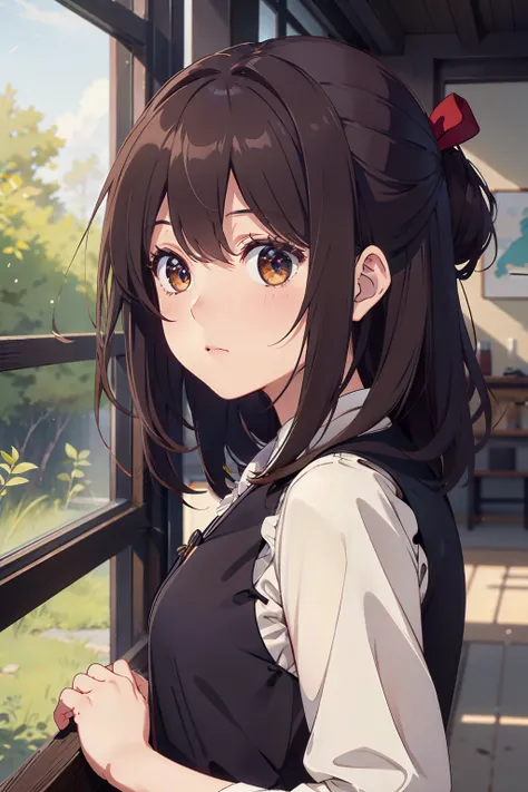 a natural and fresh cg artwork，a girl with delicate and soft dark brown hair。