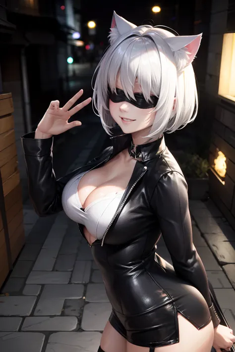 white hair, blindfold, cat ears, smile, anime, ray tracing --auto