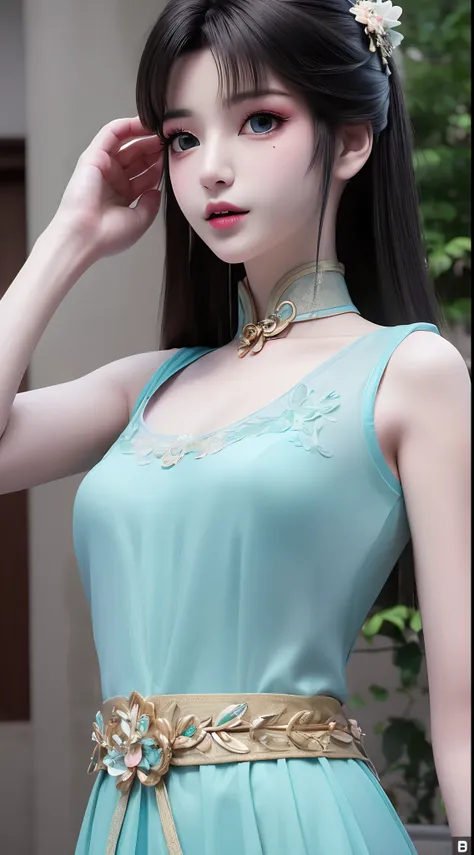 1 realistically beautiful girl, waist length hair, long black hair with a hint of blue,light blue eyes, ancient ao dai, style ha...