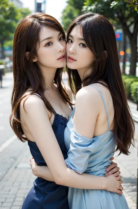 (two chinese stars with the style of royal sisters,duo,caressing the,kissing), ((best quality, 8k, masterpiece: 1.3)), focus: 1....