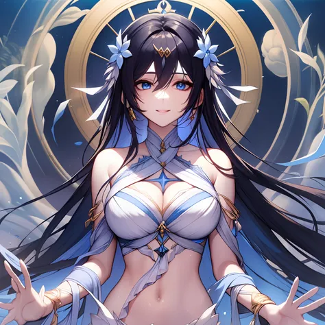 Woman, long dark blue hair with bright blue strands, blue eyes, calm peaceful look and smile, white open and light clothes, goddess of wate