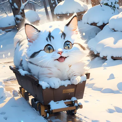beautiful andcute cat,a little fat,half yellow and half write,run in the snow,happly