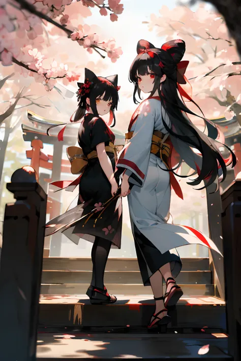 ((masterpiece,best quality)),2girls, black kimono, black legwear, black ribbon, black hair, cherry blossom, daytime, flower, bun, hair ribbon, japanese clothes, kimono, long hair, viewer, looking back, multiple girls, obi, outdoors, red eyes, red hair, rib...