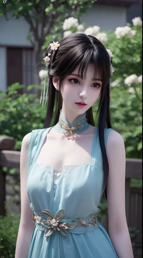 1 beautiful and cute realistic girl, tender young girl, waist length hair, long black hair with a hint of blue, light blue eyes,...