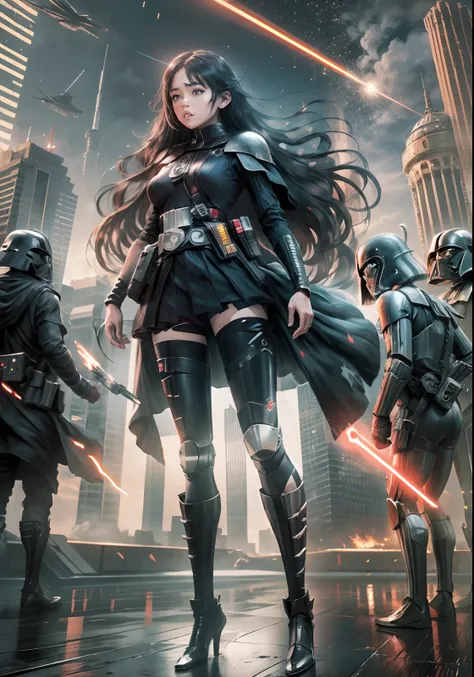 、starwars、super long hair、darth vader cosplay woman、space super armor、jump action