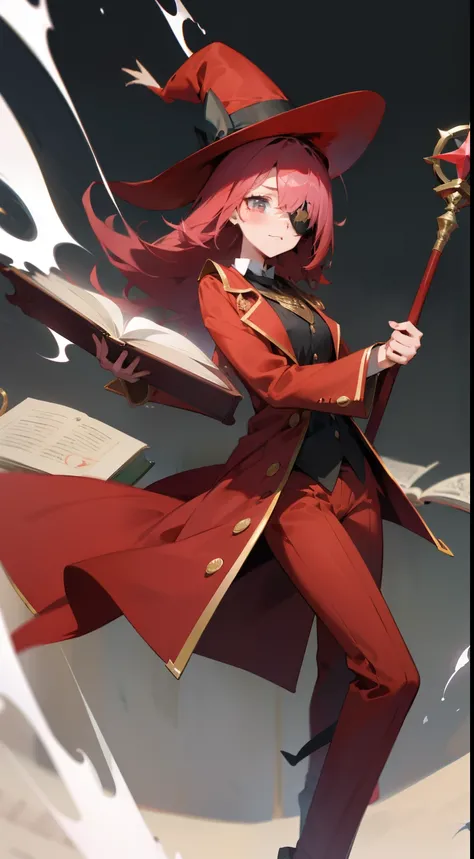 A girl wearing a red magic suit, a magicians hat, an eyepatch on one eye, a magicians staff, a magicians magic book, whole body