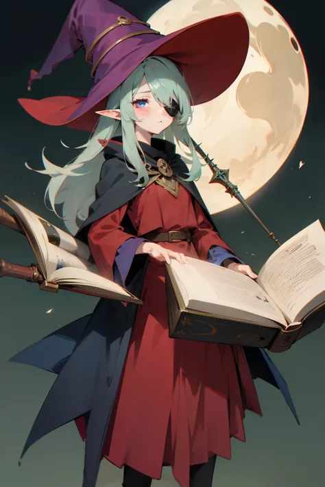 Elven girl in red magician clothes, witchs hat, Eye patch for one eye, Witchs Wand, The Witchs Book of Magic, Whole body