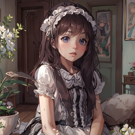 very cute female child:1.1,10 yo,Gothic Lolita:1.8, Barefoot,livingroom:1.5,Summer,day, Long hair,flat chest,Wind,Drooping sweat:1.1,(4K), (Raw photo: 1.2), (Realism: 1.4), (masutepiece: 1.3), (exquisite detailing: 1.2), Delicate and beautiful details, (Ey...