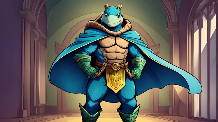 cartoon drawing of a man with a blue hair and a blue cape, The man standing on the turtle, as an anthropomorphic turtle, anthropomorphic turtle humanoid, as an atlantean, --auto --s2