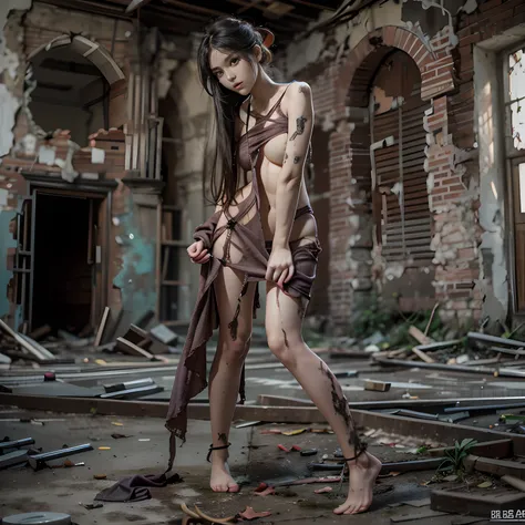 abandoned ruins，Sexy standing pose，Full body portrait 1.1，18 years old girls，lean and slender body，Skinny，As thin as a whipping post，The barefoot，Random nudity all over the body，Extreme exhibitionism，Random genital leakage，facing to audience