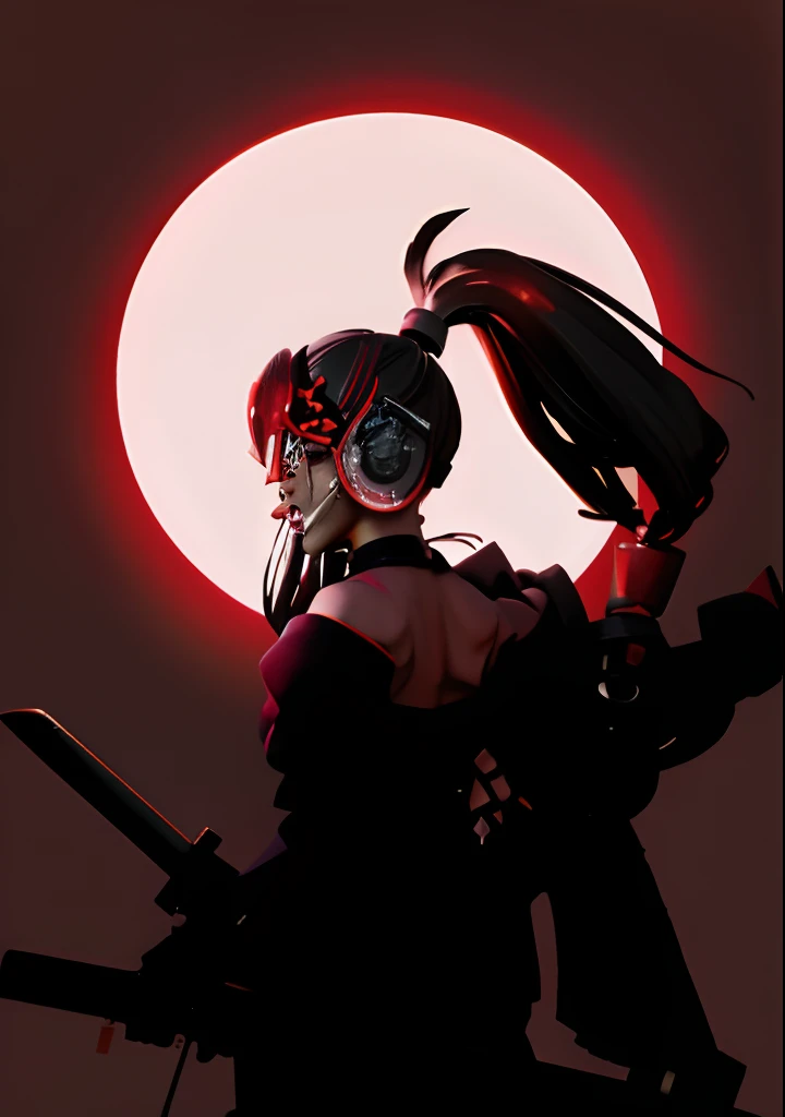 Japanese samurai, backless outfit， anime girl with a gun and a helmet on standing in front of a full moon, portrait ninja gaiden girl, with a red halo over her head, badass anime 8 k, gungrave, female cyberpunk anime girl, katana zero video game character,...