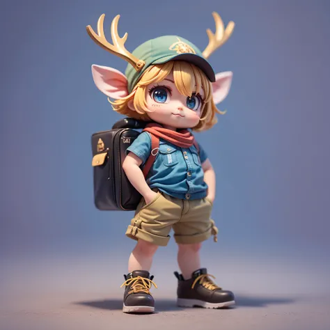 tmasterpiece，best qualtiy，Lots of detail，(full body:1.2)，Super cute boy wearing elk-shaped hat，There is a pair of antlers on the top of the head，Lovely antlers，Wear a blue shirt and red bandana and khaki shorts，Technology elements，Stylish clothes，largeeyes...