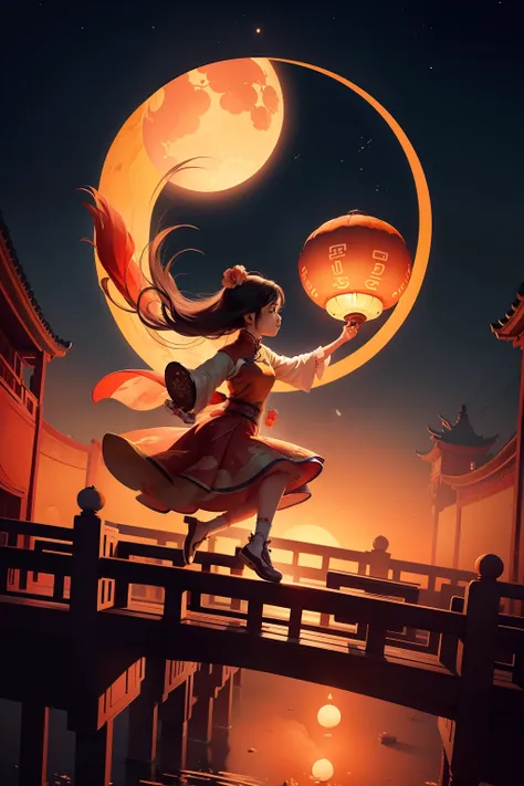 mid-autumn festival poster，mid-autumn mooncake depicts a gorgeous scene of a girl flying over a bridge in the setting sun，vibran...