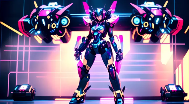 The Alafid robot stands in front of the stage，The lights are bustling。, girl in mecha cyber armor, cyberpunk anime girl mech, cyber universe style, cyber japan armor, anime mecha aesthetic, anime robotic mixed with organic, female mecha, cyber japan style ...