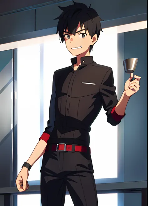 15 year old boy，Abs，Short black hair，Take a knife，wearing an outfit，Short height，Be red in the face，laughingly，Two-dimensional anime