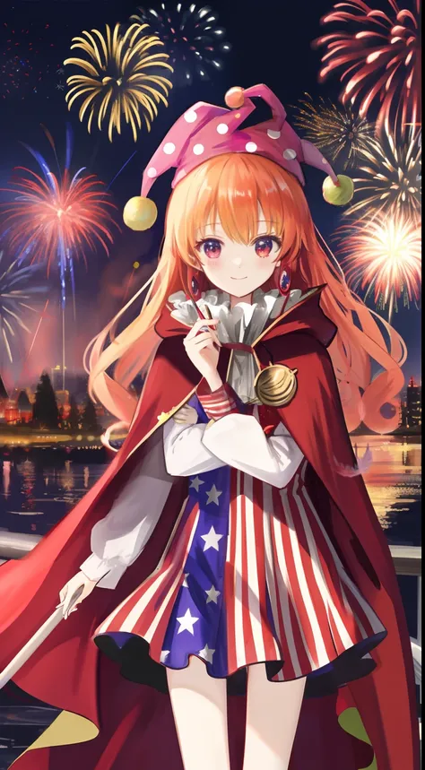 Clownpiece，Fireworks, Night,Red cloak,Fly up