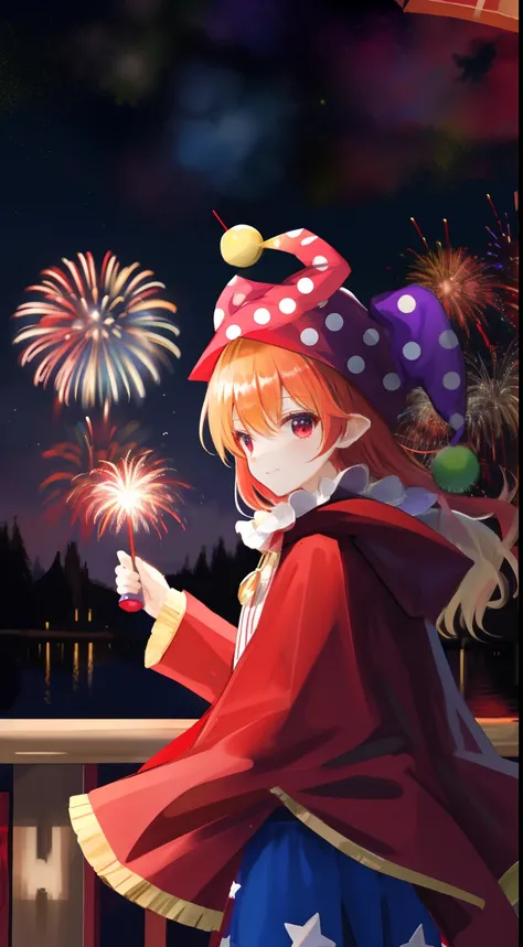 Clownpiece，Fireworks, Night,Red cloak,Fly up