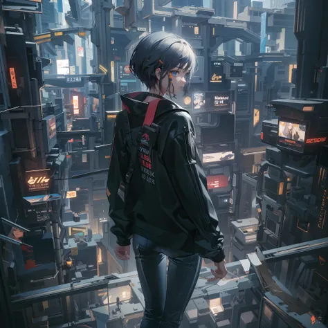 cyberpunked,Cyber City:1.8,Hi-Tech,High-tech townscape,Blowing in the wind,Relaxing girl,Shorthair,High-tech room:1.6,Cyberpunk Room:1.3,(8K), (Raw photo: 1.2), (Realism: 1.4), (masutepiece: 1.3), (exquisite detailing: 1.2), Delicate and beautiful details,...