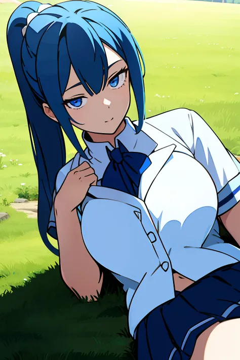 Kizi，Blue hair，Single horsetail，solo person，Lying on the lawn，Blue eyes，White school uniform，B cup，Top angle of view