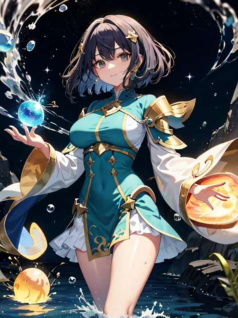 Water hair，16-year-old girl，Wear golden mage robes，ultra - detailed，big breasts beautiful，4K，Magma area，Use water balloon magic，Many-Layer Textures、Albedo e mapas Speculares、Surface Coloring