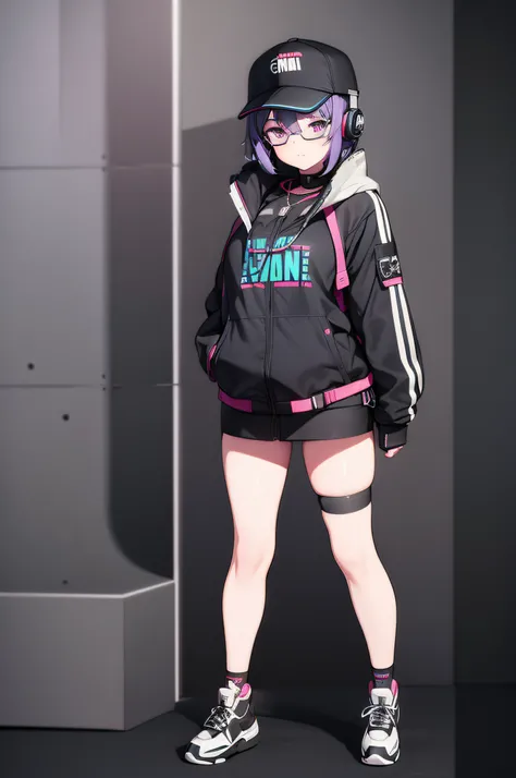 1 girl, young anime girl, full body, cyber punk version, cyber punk short cloths, hat with goggles, headphones