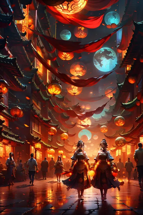 The Mid-Autumn Festival poster depicts the lively atmosphere on the street, full of vitality and artistic atmosphere, and it combines the style of Chinese style painting and ancient Chinese art