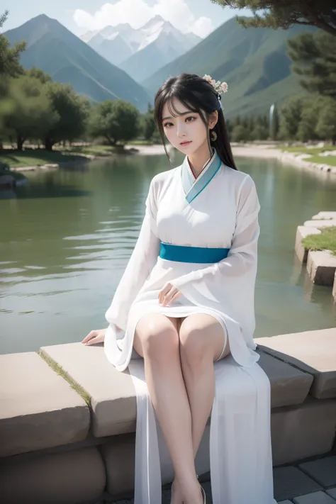 Ultra HD face，1 woman,Hanfu beauty， beautiful  face，Slender thin legs，Outdoors there are mountains and water