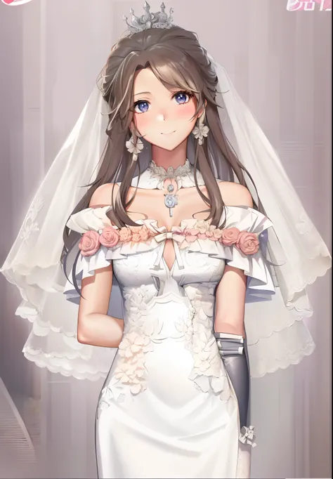 Anime - style pictures of the bride wearing a wedding dress，Wear a strap, my dress up darling anime, loli in dress, detailed dress and face, Fine details. Girl Front, anime key visual of elegant, cute anime waifu in a nice dress, Bride, Smooth anime CG art...