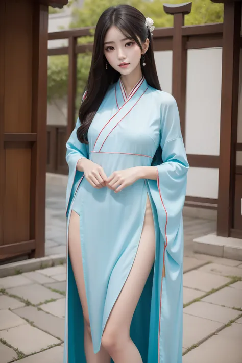 Ultra HD face，1 woman,Hanfu beauty， beautiful  face，Slender thin legs