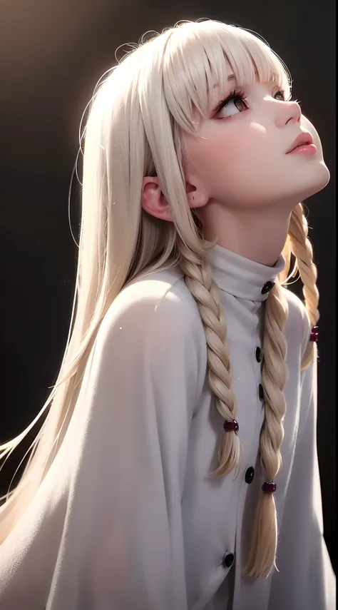 best quality, masterpiece,white hair, gold eyes,white clothes, looking up, upper body,hair strand,Fair skin,side braids