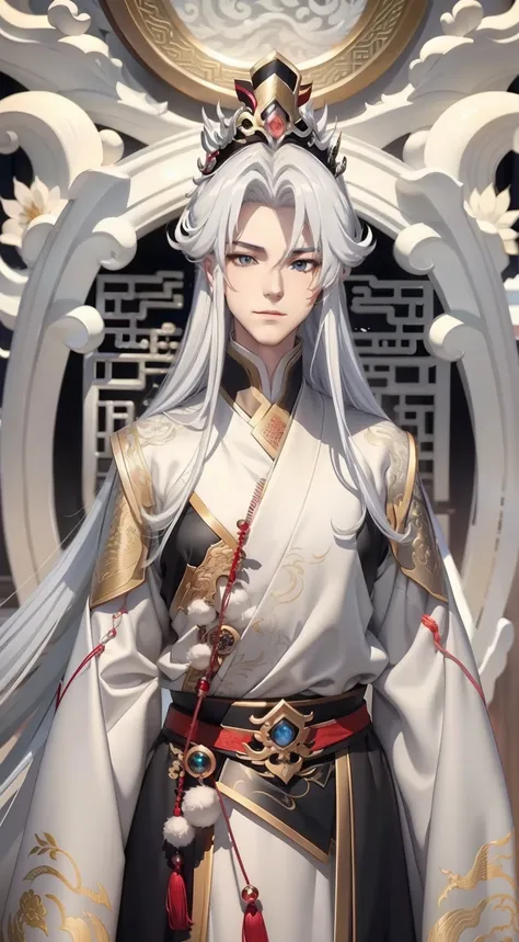 Silver hair, Very long hair,kanzashi, forehead mark, Gradient eyes, face drawn and pale, Lonely, White dragon robe, China-style, Anime style, 8K, Super detail, Anatomically correct, ccurate，Male Youth，Sick，The crown of the Chinese emperor，soft，Persona diag...