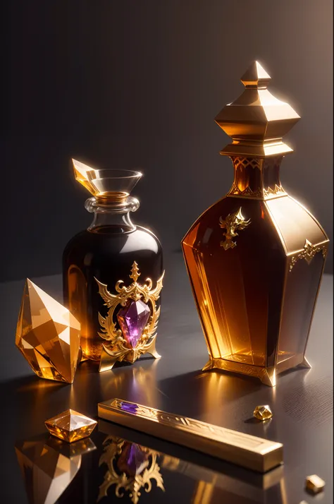 Masterpiece, Top Quality, Best Quality, official arts, beautiful and aesthetic, 16k, CGbottlesw, NOhumans, still life, reflection, gemstone, crystal, bottles, Metal sculptures, Metal sculptures with glass bottles on them, Golden Dragon,