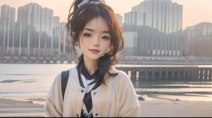 ((best qualtiy, 8k, tmasterpiece:1.3)，（校服：1.5），（A junior high school girl：1.2），（High ponytail：1.2），Campus background，rays of sunshine，（Real Human：2），White and tender skin，Highest high resolution，a so beautiful girl