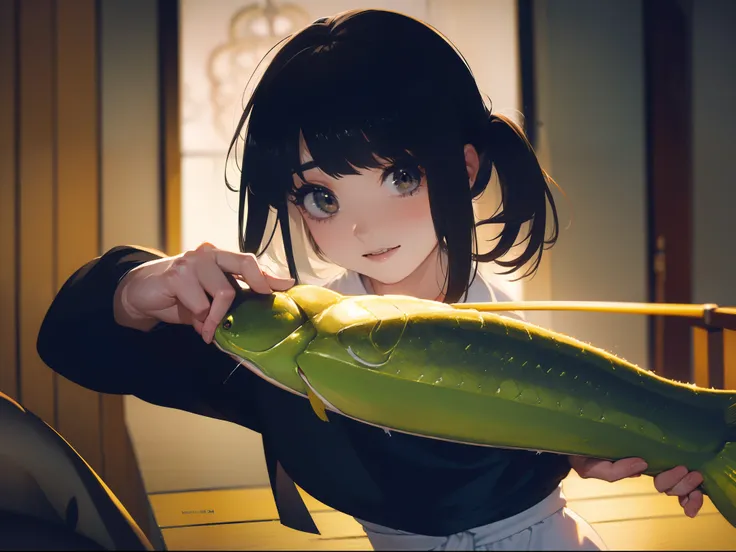 ((((Catch big fish by the lakeside)))),((Best Quality, masterpiece :1.3)),((( Large Mouth Bass))),hight resolution,ultra-detailliert,Beauty and aesthetics,​masterpiece,best qualtiy,(1 Japanese 22 years old woman),Black hair, long eyeslashes, Solid Circle E...