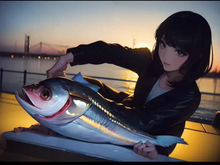 ((((Catch big fish by the lakeside)))),((Best Quality, masterpiece :1.3)),((( Large Mouth Bass))),hight resolution,ultra-detailliert,Beauty and aesthetics,​masterpiece,best qualtiy,(1 Japanese 22 years old woman),Black hair, long eyeslashes, Solid Circle E...