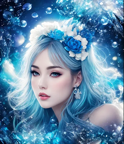 Cute 👩🏼, fantasy tone Pale dull color shiny blue color, magic circles, blue tone, deep sea, bubbles, white smoke , rabbit ears