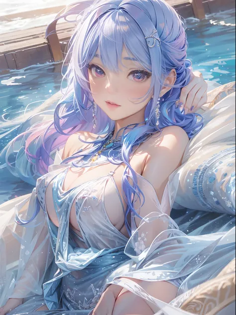 （Enrich the picture，Masterpiece level quality）Beautiful 8K CG artwork，Goddess-like posture，sittinng on the river，Postural exercises，Slim and soft，Translucent skin，Blue hair、The beauty of extra-long hair, Super Long Straight Hair，The skin is fair and juicy，...