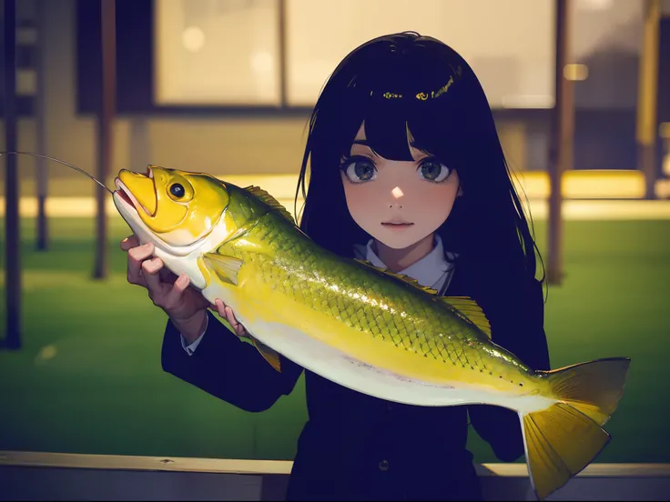 ((((Catch big fish by the lakeside)))),((Best Quality, masterpiece :1.3)),((( Large Mouth Bass))),hight resolution,ultra-detailliert,Beauty and aesthetics,​masterpiece,best qualtiy,(1 Japanese 22 years old woman),Black hair, long eyeslashes, Solid Circle E...