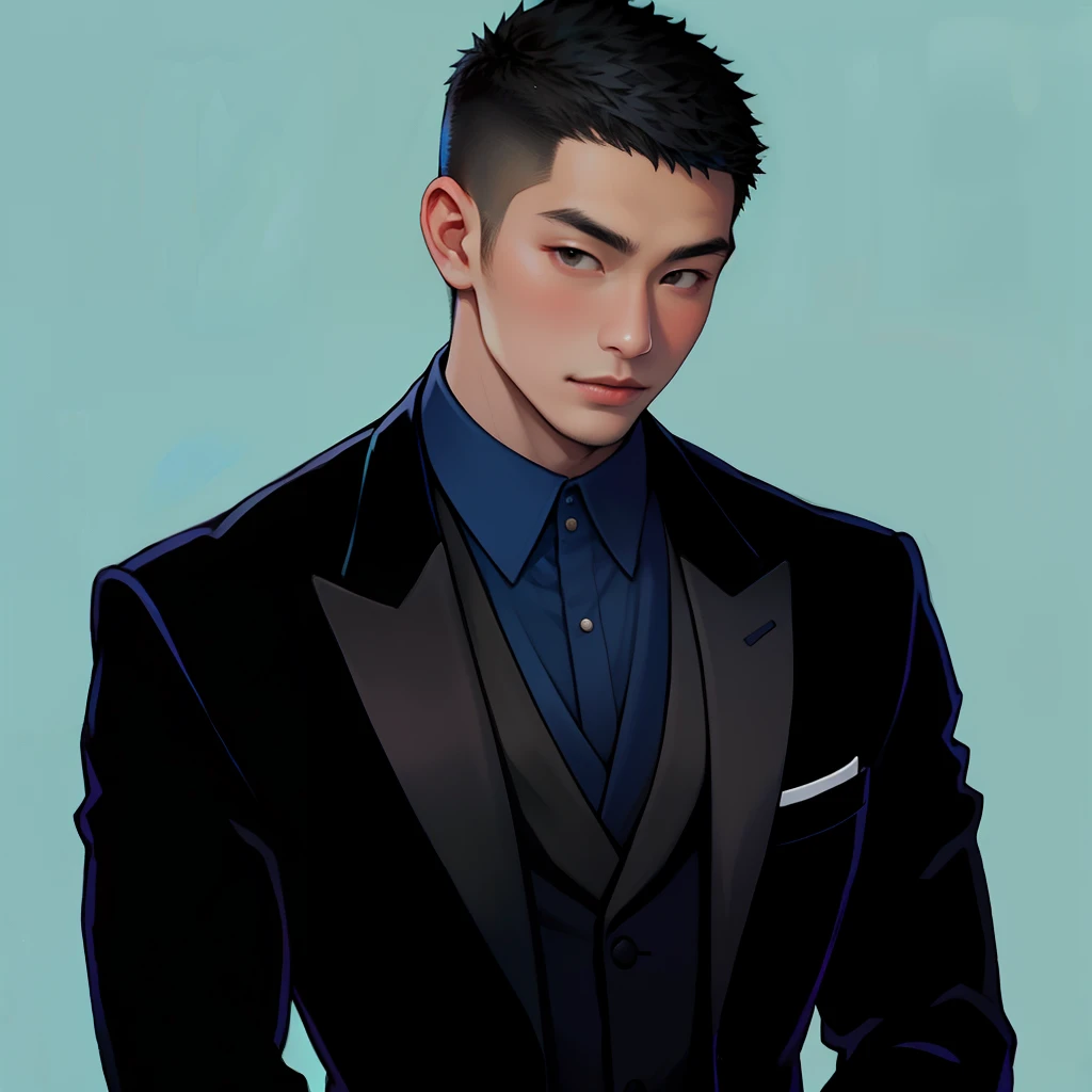 （Handsome Chinese guy：1.5），A man in a black formal suit，ID photo，blue backdrop，No ID photo，Exquisite facial features，Boy student，Brush cut，Brush cut，Brush cut，Brush cut，photore，realisticlying，Business suit,solid blue background