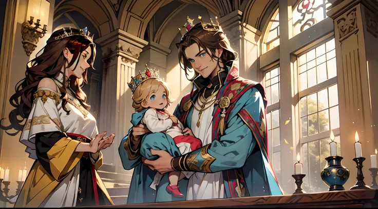 Beautiful scene of a king and queen with luscious brown hair standing beside a cradle, their eyes filled with adoration as they gaze at their baby. The babys hair is white, complementing their bright blue eyes. The husbands face displays a mix of surprise ...