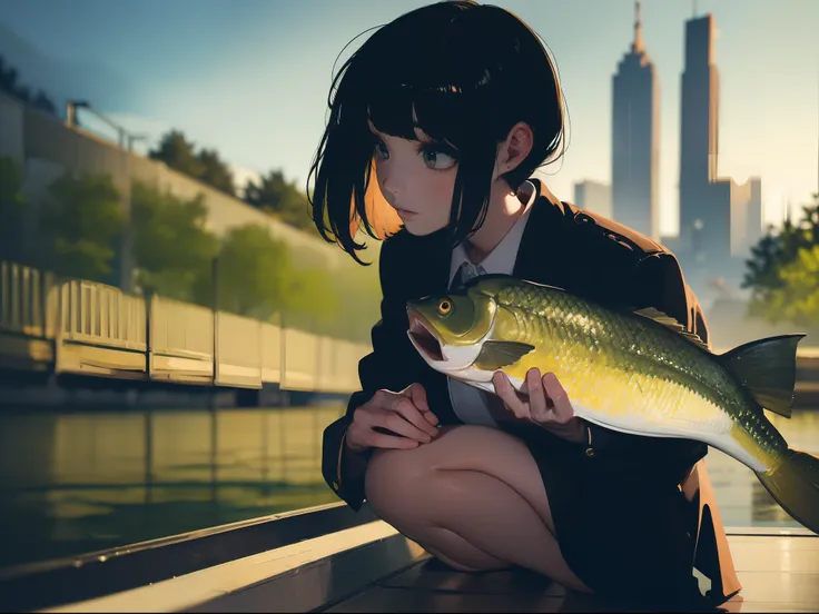 ((((Catch big fish by the lakeside)))),((Best Quality, masterpiece :1.3)),((( Large Mouth Bass))),hight resolution,ultra-detailliert,Beauty and aesthetics,​masterpiece,best qualtiy,(1 Japanese 22 years old woman),Black hair, long eyeslashes, Solid Circle E...