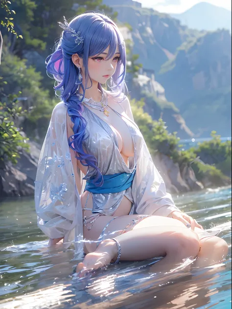 （Enrich the picture，Masterpiece level quality）Beautiful 8K CG artwork，Goddess-like posture，sittinng on the river，Postural exercises，Slim and soft，Translucent skin，Blue hair、The beauty of extra-long hair, Super Long Straight Hair，The skin is fair and juicy，...