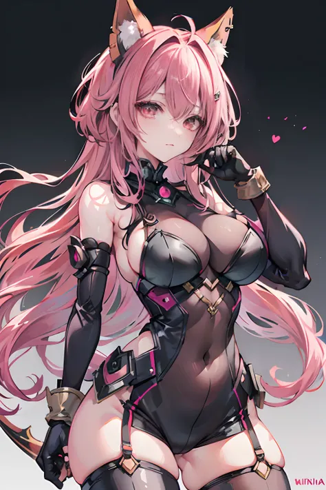 Fox Demon Jade Algae Frontline, 1girll, Breasts, mitts, Large breasts, Thighs,with pink hair, Niatasha, Solo, Black gloves, Elbow gloves