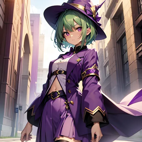 top-quality、extremely delicate and beautiful、(A teenage girl)、Purple Eye、Green hair、short-haired、(Purple pointy hat)、Purple tie、Soio、shortsleeves、Purple skirt、Purple Wizard Robe、Navel,is standing