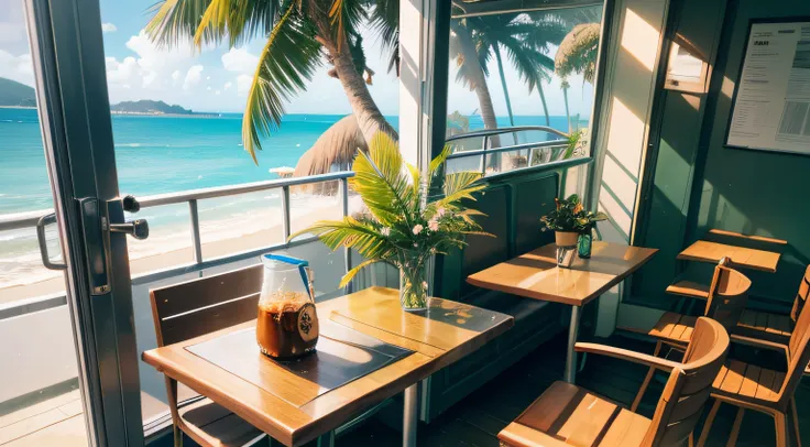 By the window of the café、Outside you can see the sea。Palm trees、Iced coffee on the table