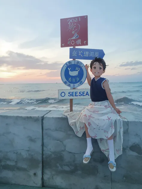 "On the wall by the sea sat a little girl，Wearing the costume of Mu Yanling, the queen of the sea，Have by the sea，The photo was taken on 2020。There are people standing near the beach，We could see the sea，There is also a sea goat next to it。Nearby are rough...