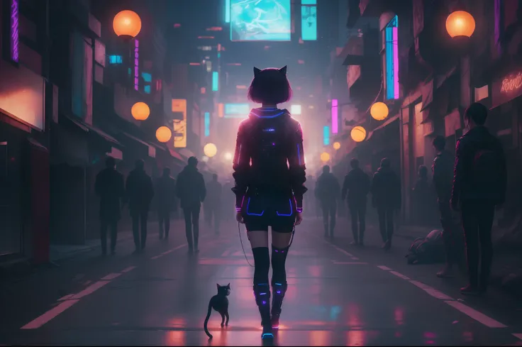 Super Resolution, (Realistic: 1.3) 1 Girl, Cyberhan, Cyberpunk City, Night, Neon, Lantern, Solo, Delicate Face, Delicate Eyes, Short Hair, Cat, Full Body, Back, Back to the Audience