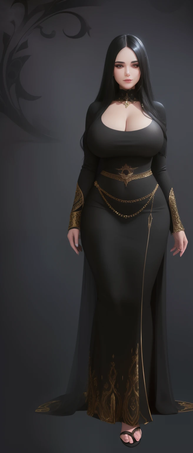 High quality, arafed woman in a black dress with gold trim and a large breast, curvy hourglass body, cleavage, thicc, yennefer, dark astral dress, elegant cinematic pose, full body detailed, dark sorceress full body pose, full body female, yennefer of veng...